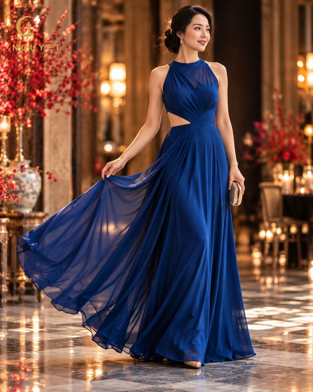 Đầm lụa xanh cô ban