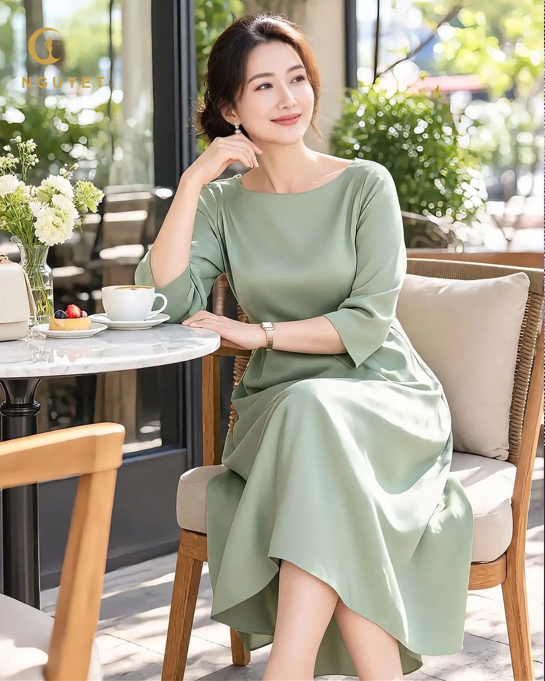 Đầm suông chữ A xanh sage