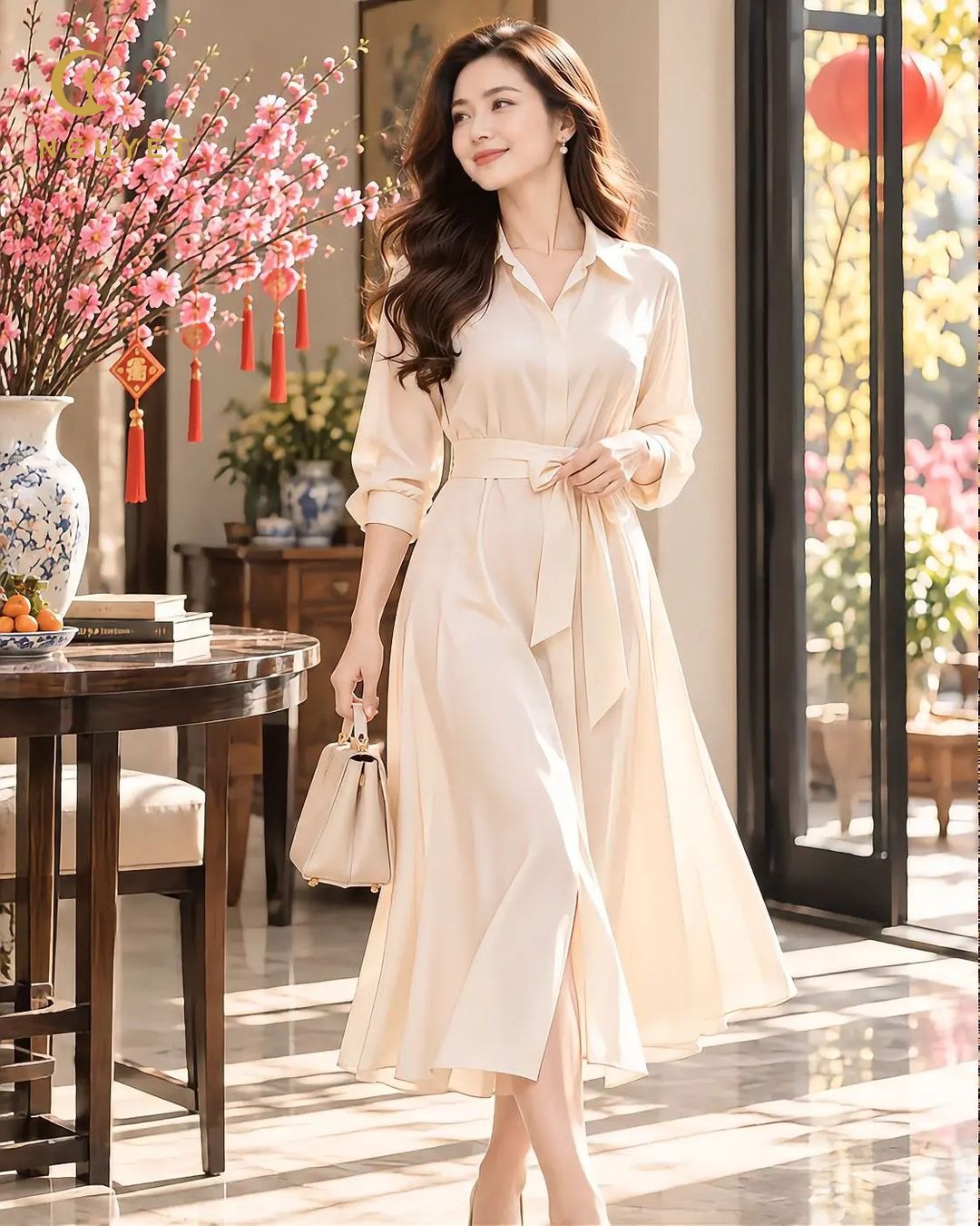 Đầm sơ mi thắt eo kem